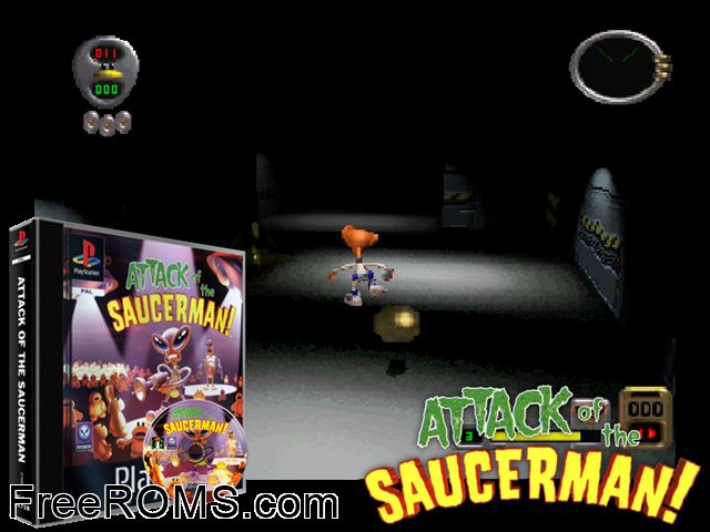 Attack of the Saucerman PSX game showing 3D box cover and gameplay screenshot